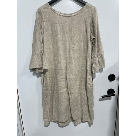 Crown Linen Designs Shift Dress Size Small Knee Length Ruffle Bell Sleeve Beige - Picture 2 of 7